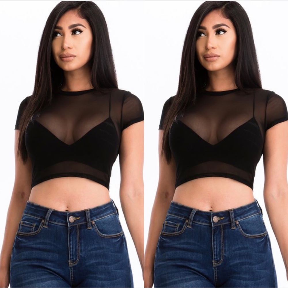 NEW TRENDY BLACK SHORT SLEEVE SHEER MESH CROPPED TOP SHIRT - Picture 1 of 2